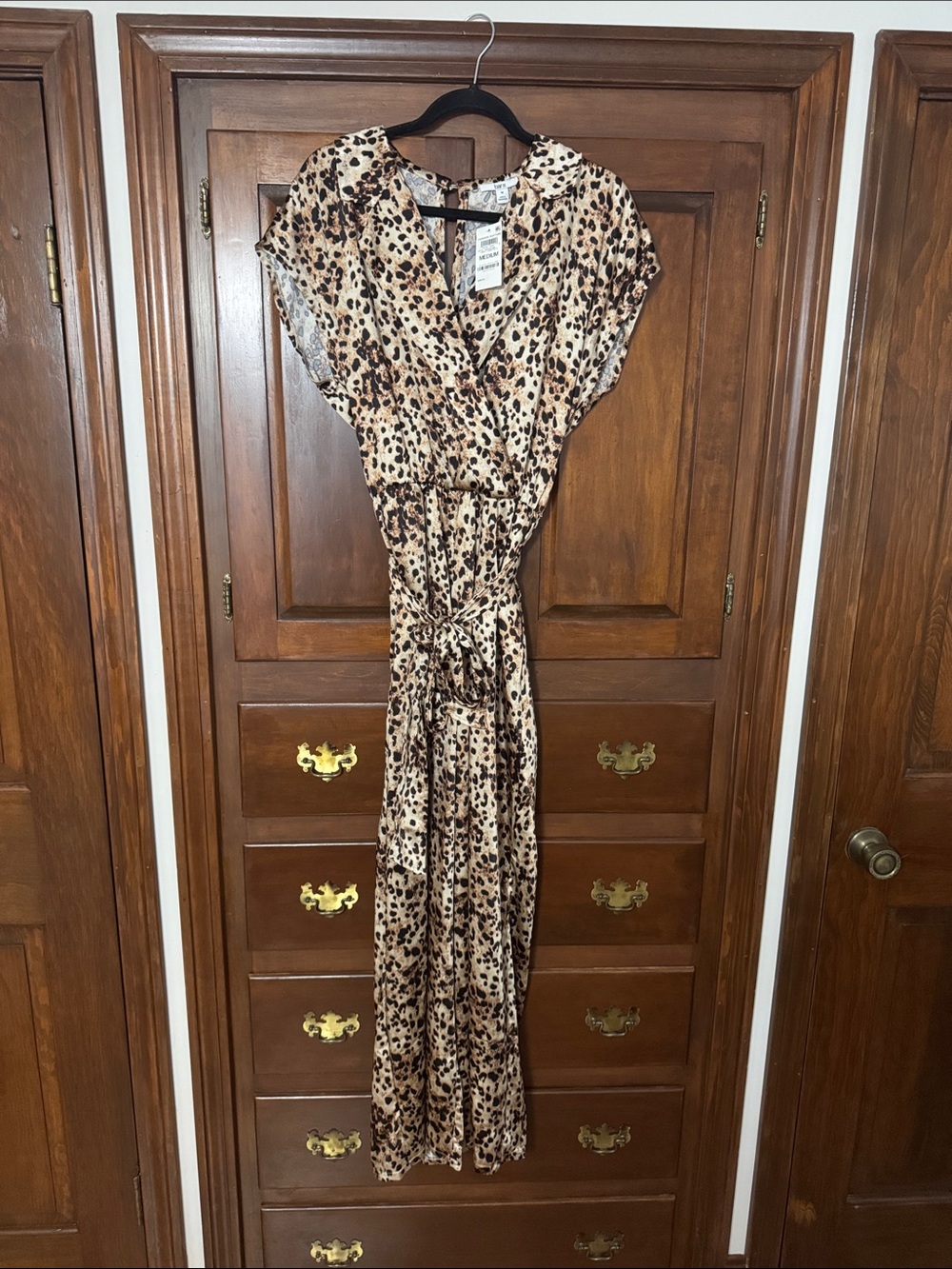 Leopard Print V-Neck Jumpsuit with Tie Waist - Beige/Brown